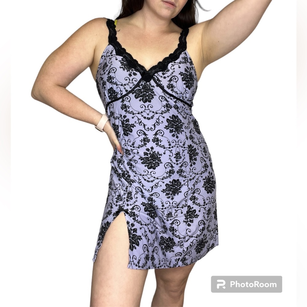 Retro Lavender and Black Printed Slip Dress Size Large
